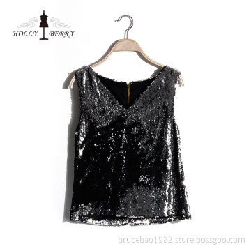 Summer Vogue Casual Short Deep V-neck Sleeveless Girls Sequins Black Vest Top